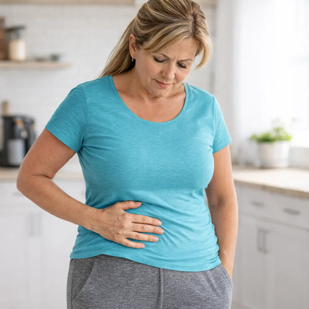 Middle-aged woman looking down at her stomach while placing her hand on her abdomen in a moment of reflection