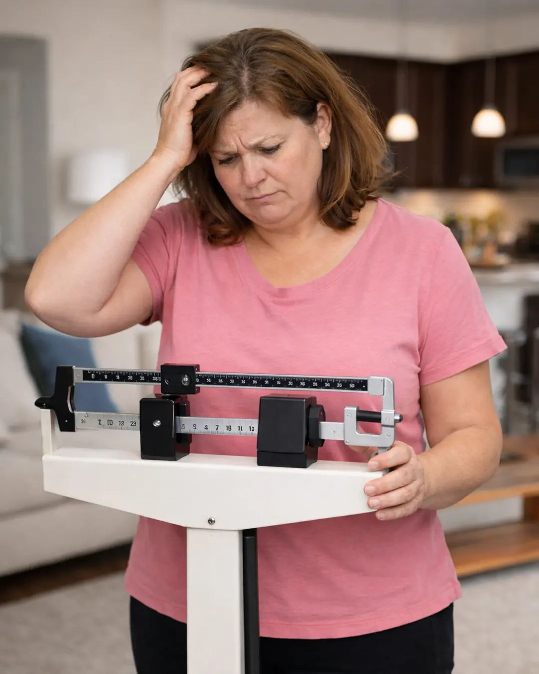 Woman in her 50s standing on a scale at home, looking down with a frustrated expression